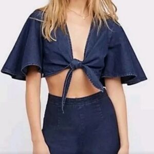 Free People Denim Crop Top with Tie and Bell Sleeves - Size 0